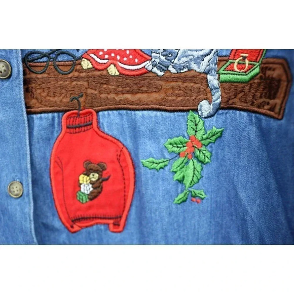 Rafaella Vintage Embroidered Christmas Denim Shirt-Size Large-90's - Picture 4 of 12